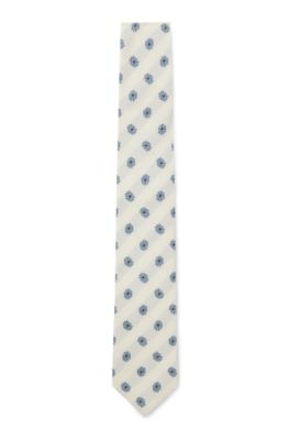 Floral-jacquard tie in Italian-made silk, Blue Patterned