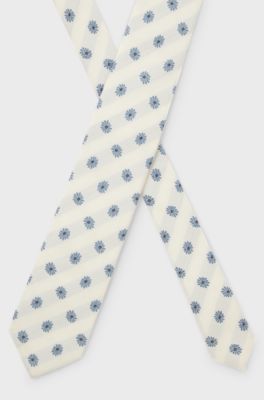 Floral-jacquard tie in Italian-made silk, Blue Patterned