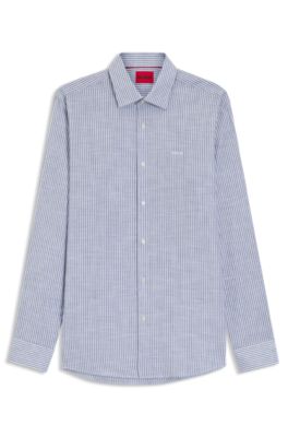 Modern-fit shirt in striped slub cotton, Blue Patterned