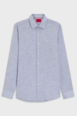 Modern-fit shirt in striped slub cotton, Blue Patterned