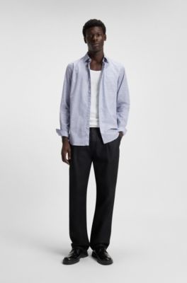 Modern-fit shirt in striped slub cotton, Blue Patterned