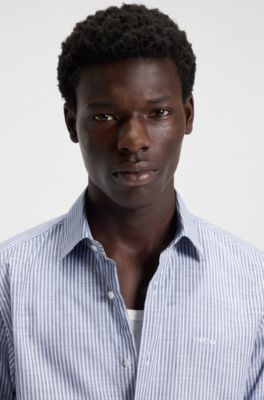 Modern-fit shirt in striped slub cotton, Blue Patterned