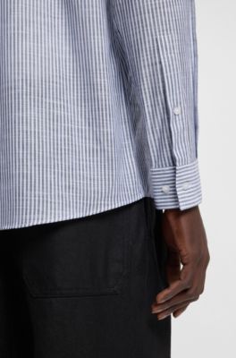Modern-fit shirt in striped slub cotton, Blue Patterned