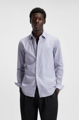Modern-fit shirt in striped slub cotton, Blue Patterned