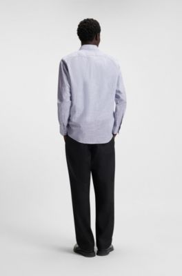 Modern-fit shirt in striped slub cotton, Blue Patterned
