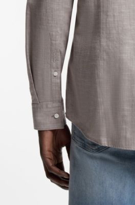 Camicia slim fit in cotone e lino, Grigio