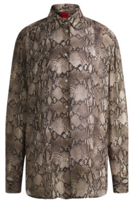 Oversized-fit blouse in python-print crepe de Chine, Brown Patterned
