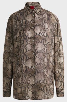 Oversized-fit blouse in python-print crepe de Chine, Brown Patterned