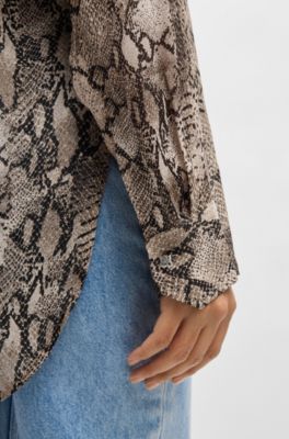 Oversized-fit blouse in python-print crepe de Chine, Brown Patterned