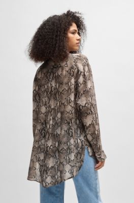 Oversized-fit blouse in python-print crepe de Chine, Brown Patterned