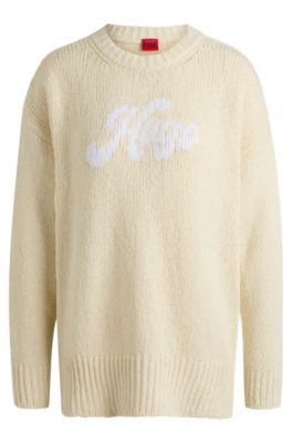 Oversized-fit cotton-blend sweater with script logo, Light Beige