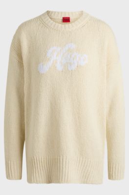 Pull Oversize en coton m&eacute;lang&eacute; avec logo manuscrit, Beige clair