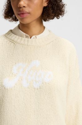 Pull Oversize en coton m&eacute;lang&eacute; avec logo manuscrit, Beige clair