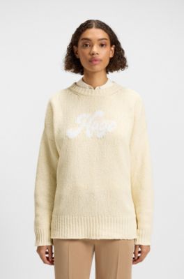 Oversized-fit cotton-blend sweater with script logo, Light Beige