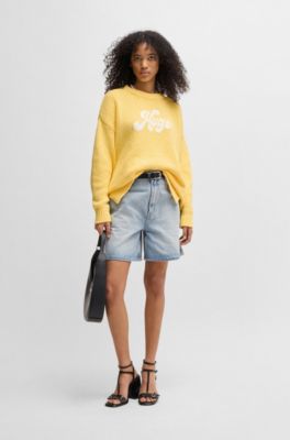 Pull Oversize en coton m&eacute;lang&eacute; avec logo manuscrit, Jaune