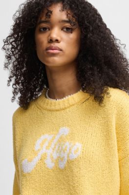 Pull Oversize en coton m&eacute;lang&eacute; avec logo manuscrit, Jaune
