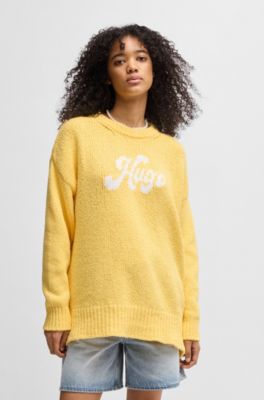 Pull Oversize en coton m&eacute;lang&eacute; avec logo manuscrit, Jaune