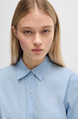 Regular-fit blouse in a striped cotton blend, Light Blue