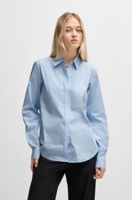 Regular-fit blouse in a striped cotton blend, Light Blue