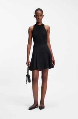 Sleeveless racer-back top in ribbed crepe fabric, Black