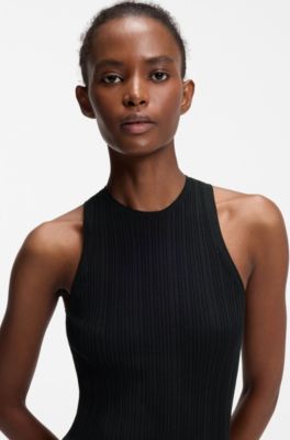 Sleeveless racer-back top in ribbed crepe fabric, Black