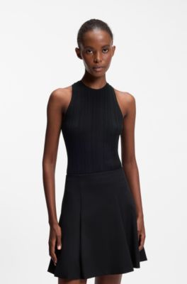 Sleeveless racer-back top in ribbed crepe fabric, Black