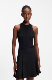 Sleeveless racer-back top in ribbed crepe fabric, Black