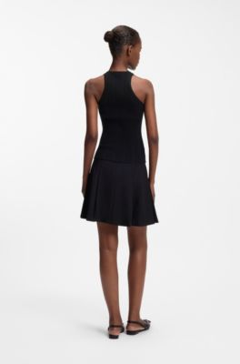 Sleeveless racer-back top in ribbed crepe fabric, Black