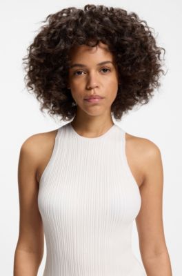 Sleeveless racer-back top in ribbed crepe fabric, Natural