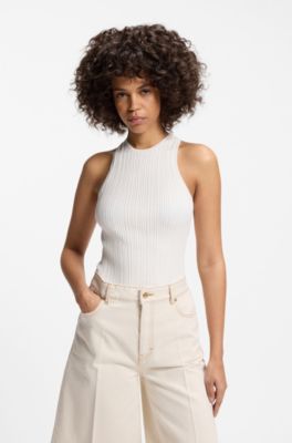 Sleeveless racer-back top in ribbed crepe fabric, Natural