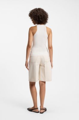 Sleeveless racer-back top in ribbed crepe fabric, Natural