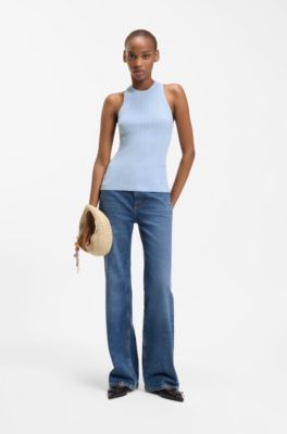 Sleeveless racer-back top in ribbed crepe fabric, Light Blue