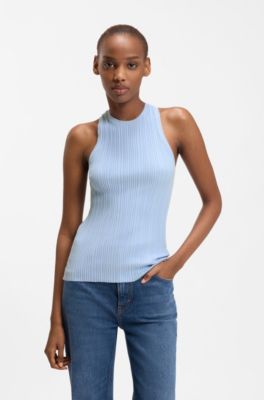 Sleeveless racer-back top in ribbed crepe fabric, Light Blue