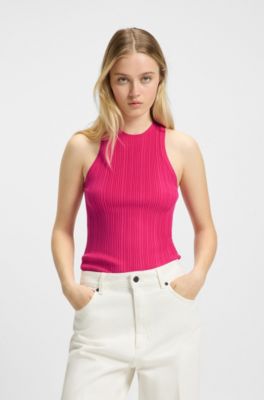 Sleeveless racer-back top in ribbed crepe fabric, Pink