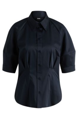 Tailored blouse in stretch cotton, Dark Blue