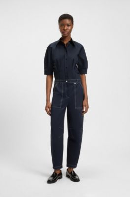 Tailored blouse in stretch cotton, Dark Blue