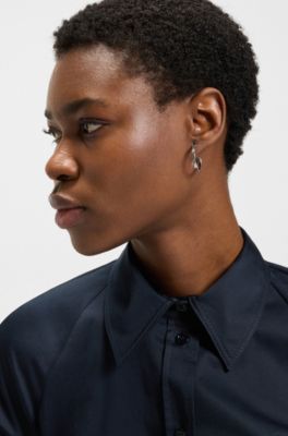 Tailored blouse in stretch cotton, Dark Blue