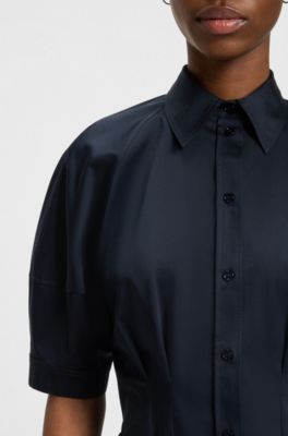 Tailored blouse in stretch cotton, Dark Blue