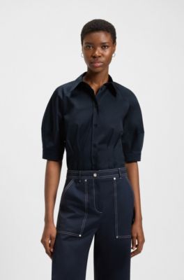 Tailored blouse in stretch cotton, Dark Blue
