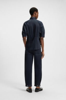 Tailored blouse in stretch cotton, Dark Blue
