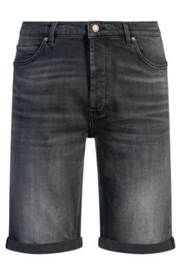 Tapered-fit shorts in black comfort-stretch denim, Dark Grey