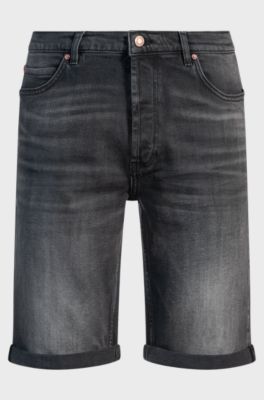 Tapered-fit shorts in black comfort-stretch denim, Dark Grey