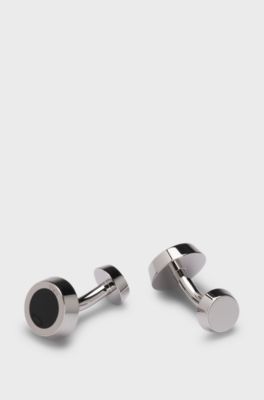 Brass cufflinks with engraved-logo enamel insert, Black