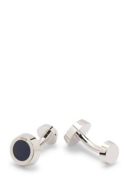 Ronde manchetknopen van messing met ingelegd zwart email, Donkerblauw