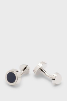 Round cufflinks with black-enamel insert, Dark Blue