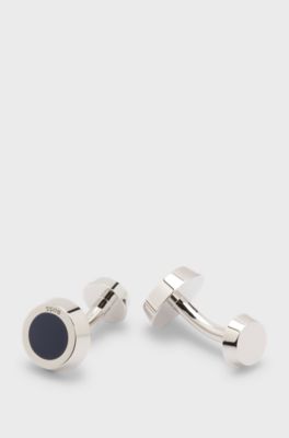 Boutons de manchette ronds avec insert en &eacute;mail noir, Bleu fonc&eacute;
