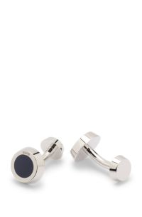 Round cufflinks with black-enamel insert, Dark Blue