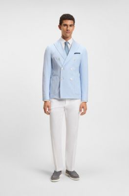 Slim-fit suit jacket in stretch-cotton seersucker, Blue Patterned
