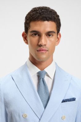 Slim-fit suit jacket in stretch-cotton seersucker, Blue Patterned