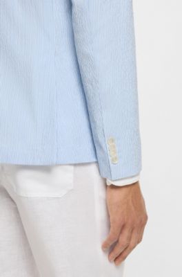 Slim-fit suit jacket in stretch-cotton seersucker, Blue Patterned